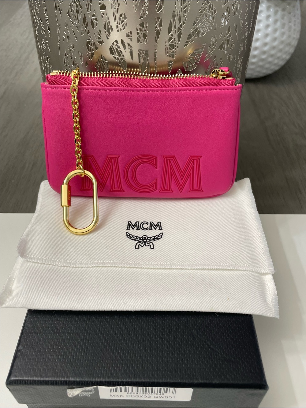 MCM Hot Pink Leather Zip Pouch Coin Purse Key Pouch Gold Hardware